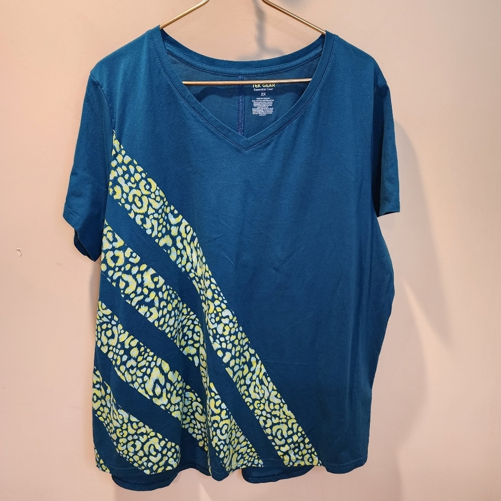 TECK GEAR Essential Gear Blue V-Neck T-Shirt with Green Pattern Plus Size 2X